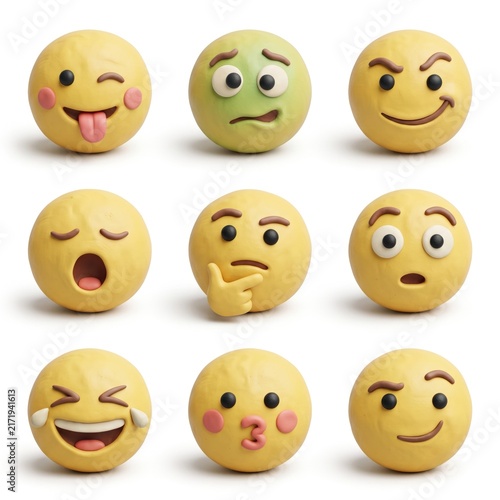 A Palette of Emotions: A collection of nine handcrafted clay emojis expresses a diverse range of human emotions, from joy and laughter to confusion and surprise, captured in a top-down grid format.