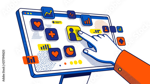 Modern digital graphic illustration with a hand clicking interactive touchscreen dashboard buttons and charts, concept for user interface design, web app development and software marketing materials