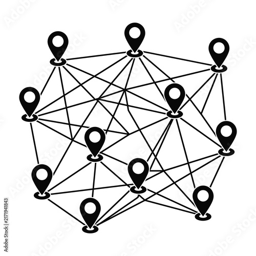 Black map pin network diagram showing connectivity and location data structure