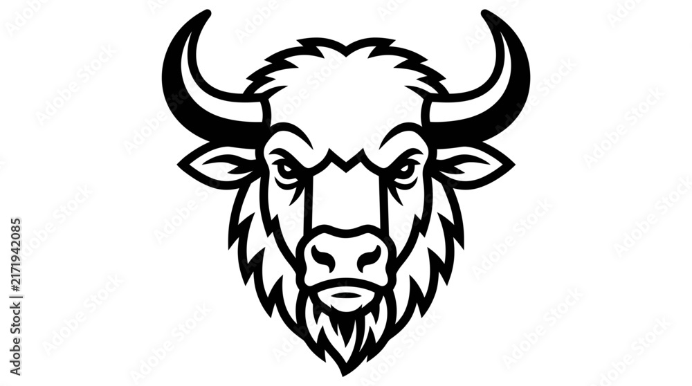 Fototapeta premium Black and white illustration of a fierce bison or buffalo head facing forward, with prominent horns and shaggy fur details.