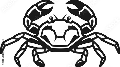 A black and white graphic illustration of a crab with prominent claws, depicted from a frontal view.