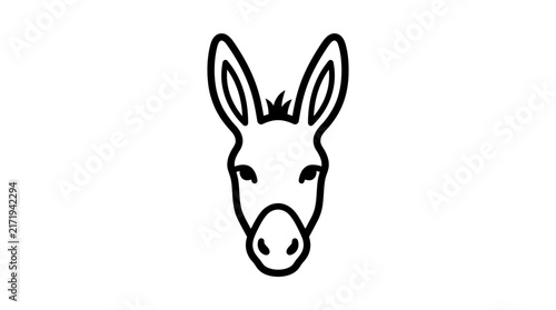 Black and white line art illustration of a donkey's head, facing forward, with prominent ears and snout, on a plain background.