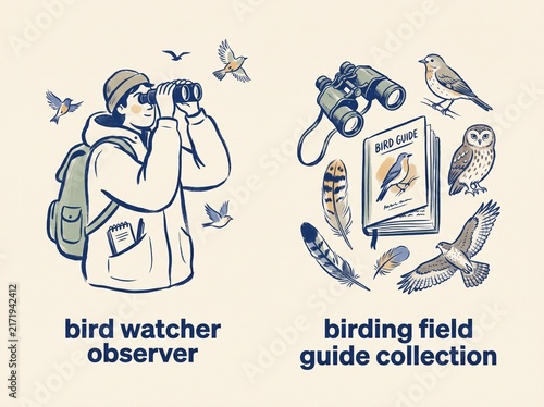 Bird watcher observer and birding field guide collection illustration.