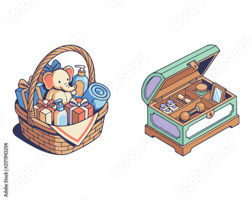 Isometric illustration of a baby gift basket and an open antique jewelry treasure chest.