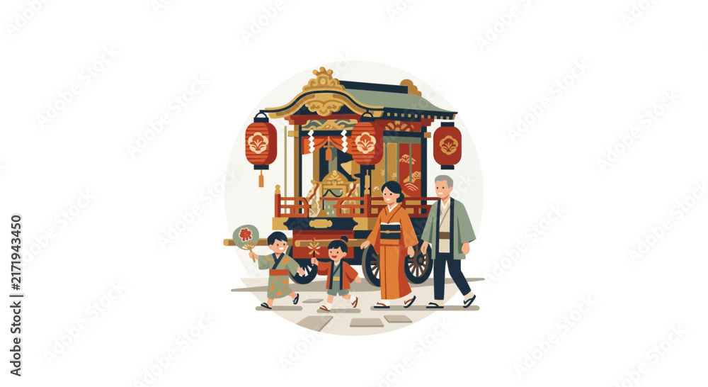 Naklejka premium Japanese family in kimono at a festival parade