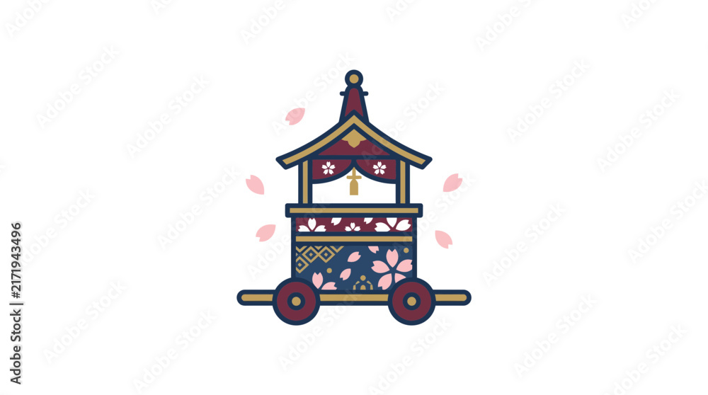 Naklejka premium Japanese festival cart with sakura blossoms in minimalist style.
