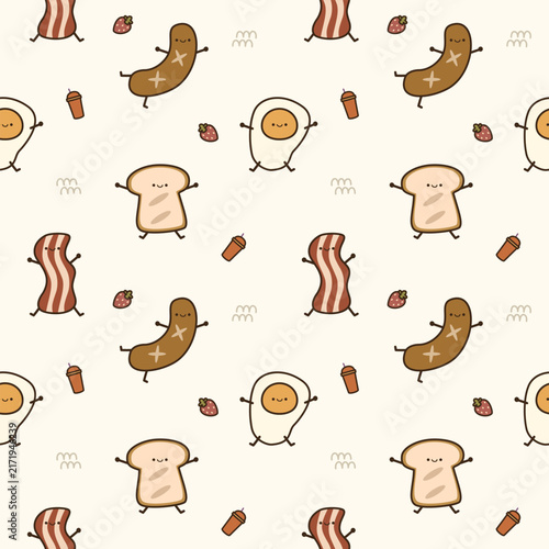 Breakfast happy hand drawn cartoon so cute. On bacon bread sausage fried egg drinks strawberry background. Pattern seamless vector illustration. 
