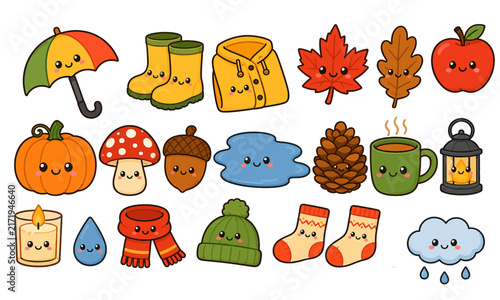 Cute Kawaii Rainy Autumn Clipart Set with Umbrella, Rain Boots, Pumpkin and Fall Weather Elements