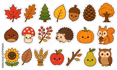 Cute Kawaii Autumn Woodland Clipart Set with Fall Leaves, Animals, Pumpkin and Harvest Elements
