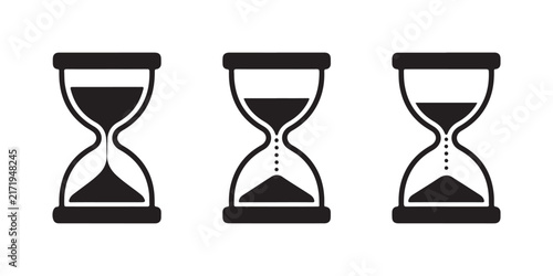 Black hourglass flat icons set with sand pouring down for measuring time interval on checkered background.