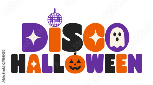 Halloween Disco Logo Typography With Pumpkin Faces.