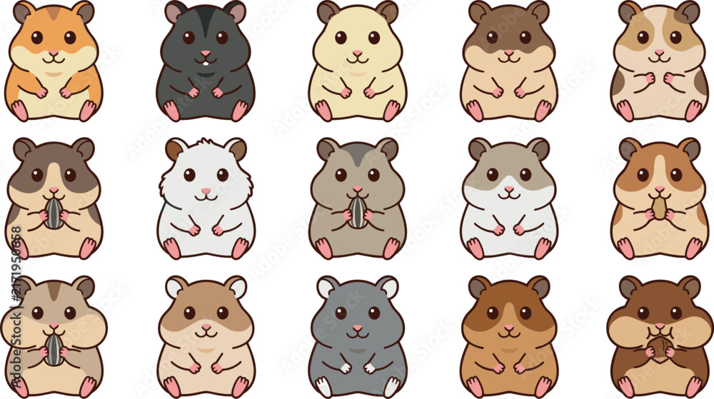 Fototapeta premium Cute Hamster Vector Character Illustration Set with Various Breeds and Colors Eating Seeds and Sitting for Pet Shop and Children Design Collections