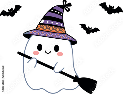 Cute Kawaii Ghost with Witch Hat and Broom Vector Illustration with Flying Bats