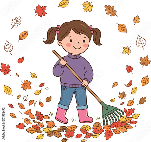 Cute Little Girl Raking Autumn Leaves Vector Illustration with Swirling Fall Foliage