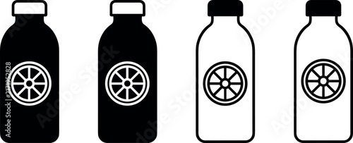 Citrus Juice and Lemonade Bottle Vector Icon Set in Silhouette and Line Art