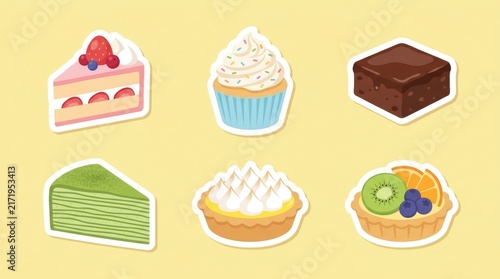 Sweet bakery dessert sticker set featuring assorted cakes and tarts