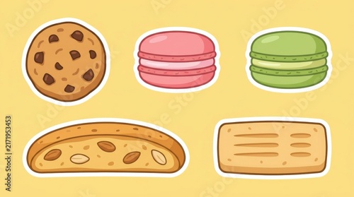 Sweet Cookie and Macaron Cartoon Sticker Set Illustration