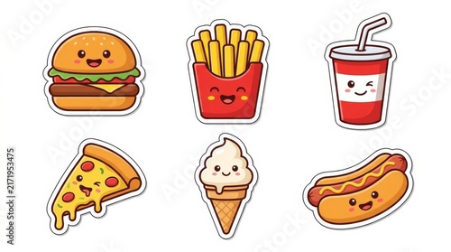 Cute Kawaii Fast Food Sticker Set with Burger Fries and Pizza