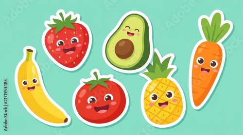 Kawaii Cartoon Fruit and Vegetable Sticker Set on Green Background