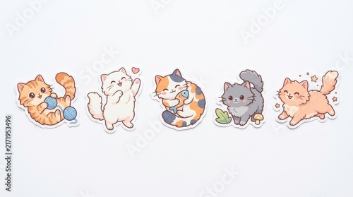 Set of cute kawaii cat stickers with different poses and colors