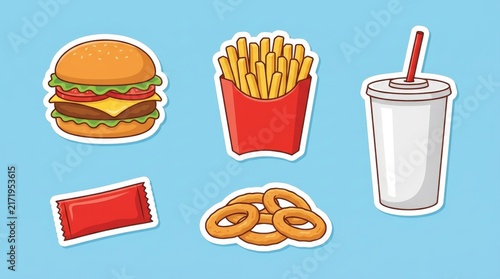 Set of Fast Food Stickers with Burger Fries Soda and Onion Rings