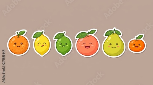 Cute Kawaii Fruit Stickers with Smiling Faces Set