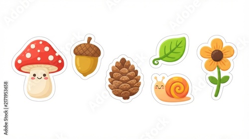 Cute Autumn Forest Nature Sticker Set with Mushroom Snail and Flower