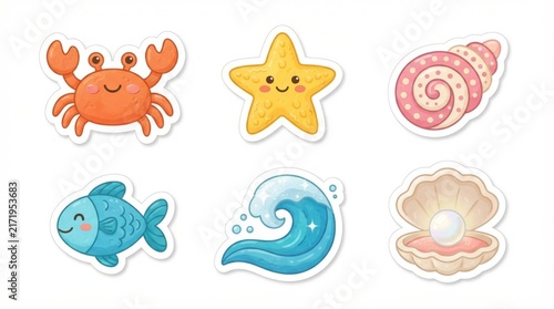 Cute Sea Life Sticker Set with Crab Starfish and Ocean Icons