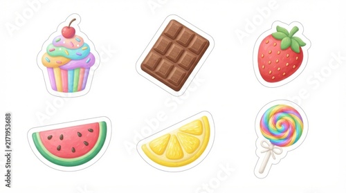 Set of cute hand drawn food and dessert stickers on white