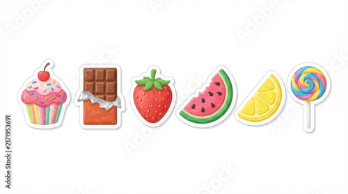 Cute Vector Food Sticker Set with Sweets and Fruit