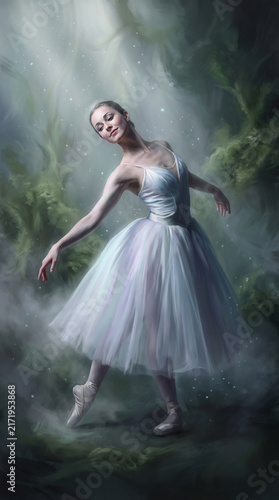 Graceful female ballet dancer in white tulle dress posing under mystical light and fog.