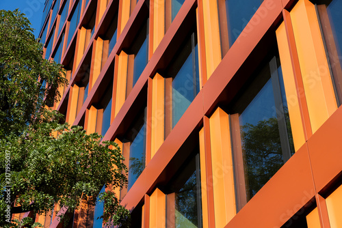 Modern Orange Building Facade With Glass Windows And Trees Urban Architecture Background