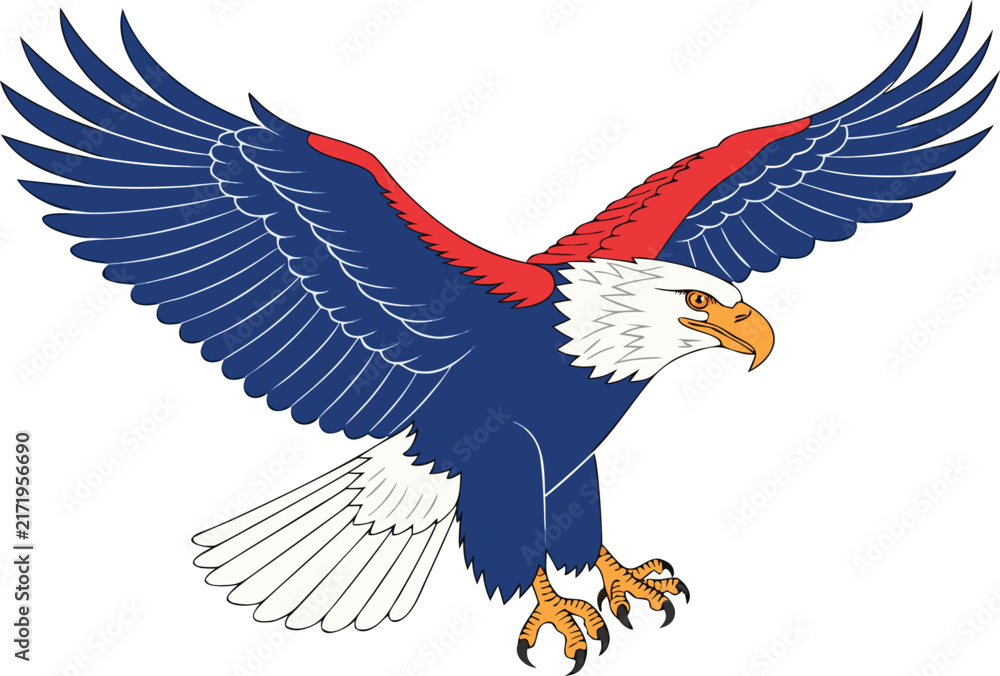 Fototapeta premium Flying Bald Eagle Vector Mascot with Spread Wings and Sharp Talons