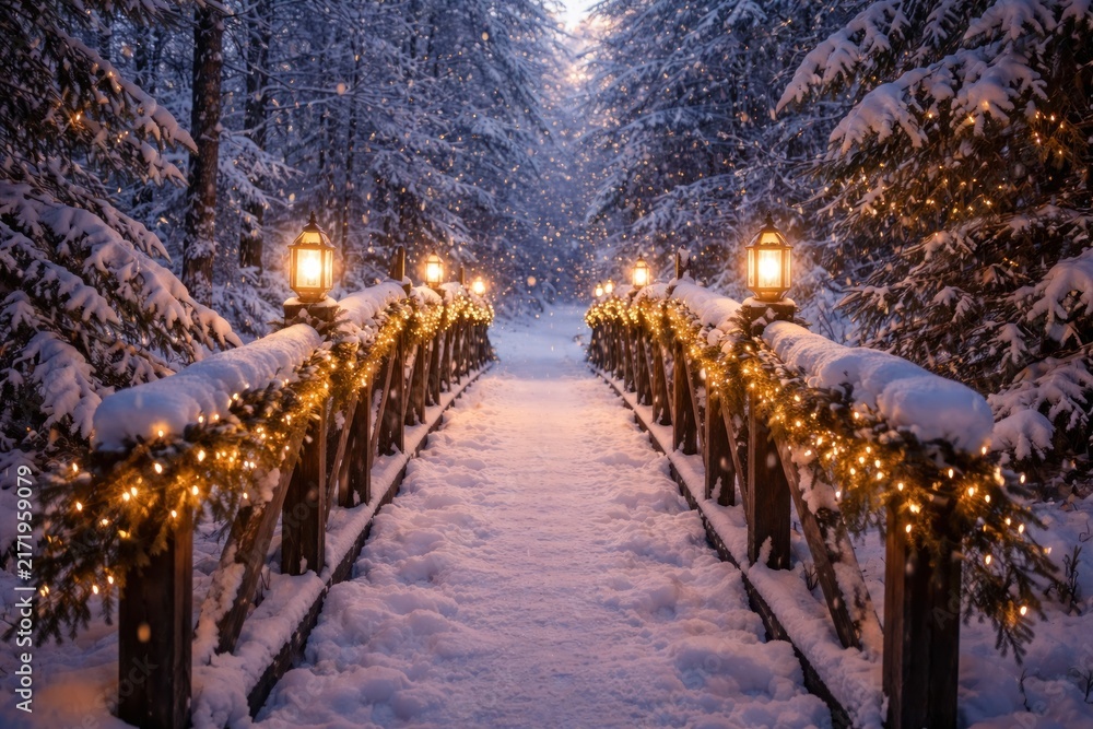 Fototapeta premium Enchanting snowy bridge with lights