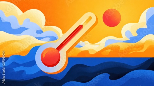 Bright summer sky illustration featuring an oversized thermometer showing extreme heat
