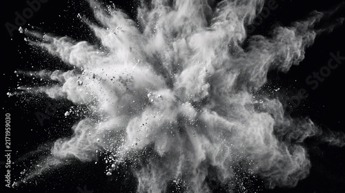 monochrome abstract white powder blast explosion against a pure deep black background