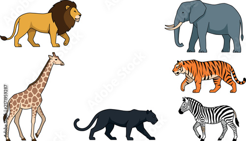 Photography African Wild Safari Animals Vector Icon Set Featuring Side View Walking Lion Ele