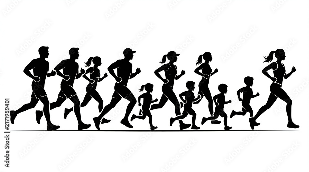 Obraz premium Silhouette of diverse family running together in dynamic motion against white background 