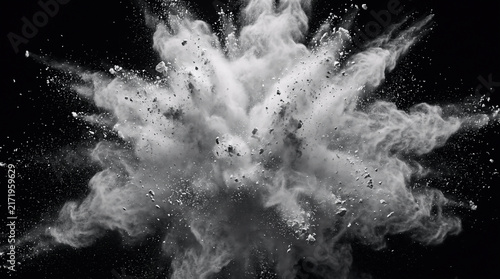 monochrome abstract white powder blast explosion against a pure deep black background