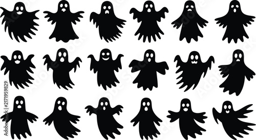 Collection of eighteen different black ghost silhouettes with various facial expressions and poses isolated on a white background, for halloween themed projects