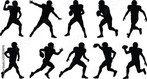 Collection of ten black silhouettes of american football players in various action poses, including running, throwing, and catching the ball, isolated on a white background