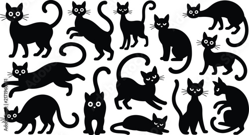 Set of black cat silhouettes featuring diverse postures such as sitting, walking, jumping, and stretching, isolated on a white background, for versatile applications