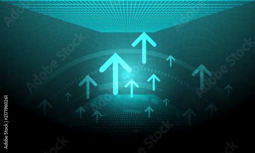 blue green turquoise arrow shape electronic cyberspace with networking and circles circuit lines with neon spot light abstract high technology background