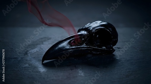 Mystical black raven skull with red smoke for spooky halloween gothic horror concept dark mystical bird skeleton still life background