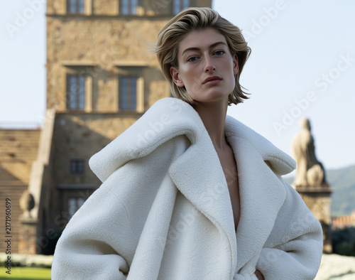 Woman with short blonde hair wearing a cozy cream shearling coat in front of historic European architecture.
