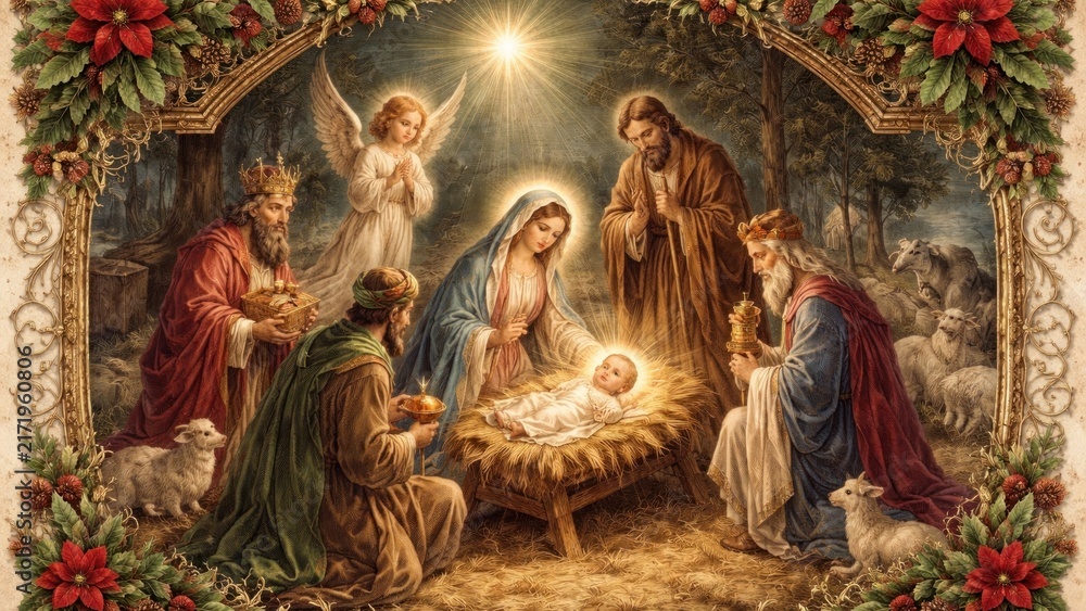 Fototapeta premium Nativity scene with holy figures.