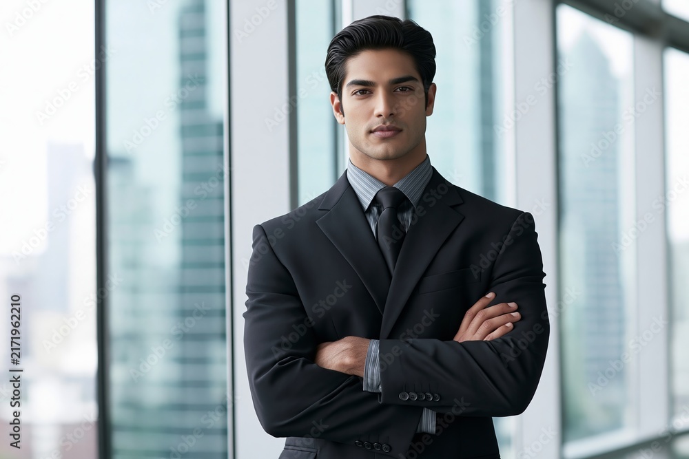 Fototapeta premium Confident indian businessman in suit standing with arms crossed in modern office interior