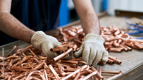 Industrial worker in protective gloves handle raw copper scrap metal and waste material inside manufacturing plant facility during daily shiftwork