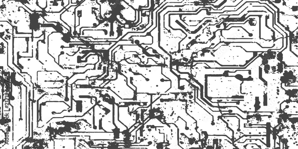 Naklejka premium Abstract circuit board pattern with distressed texture and grunge elements in monochrome for technology backgrounds
