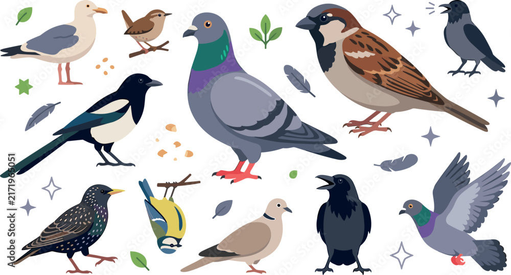 Fototapeta premium Common City Birds Vector Icon Collection Featuring Flat Pigeon, Sparrow, Seagull, Magpie, Crow, and Starling Illustrations for Urban Wildlife Nature Graphic Designs